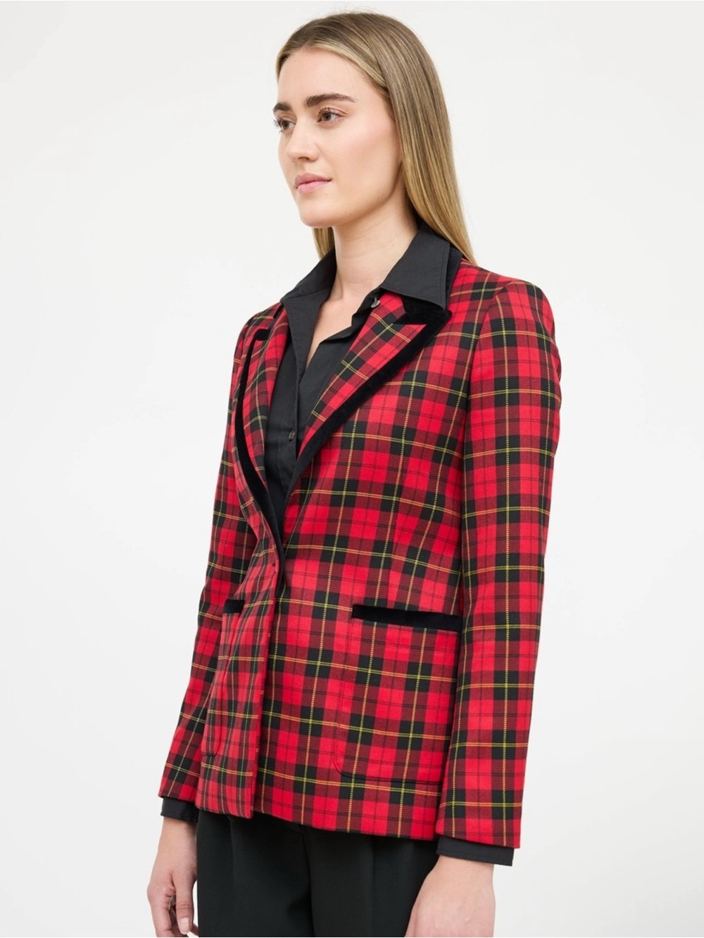 Red Plaid Blazer with Velvet Trim